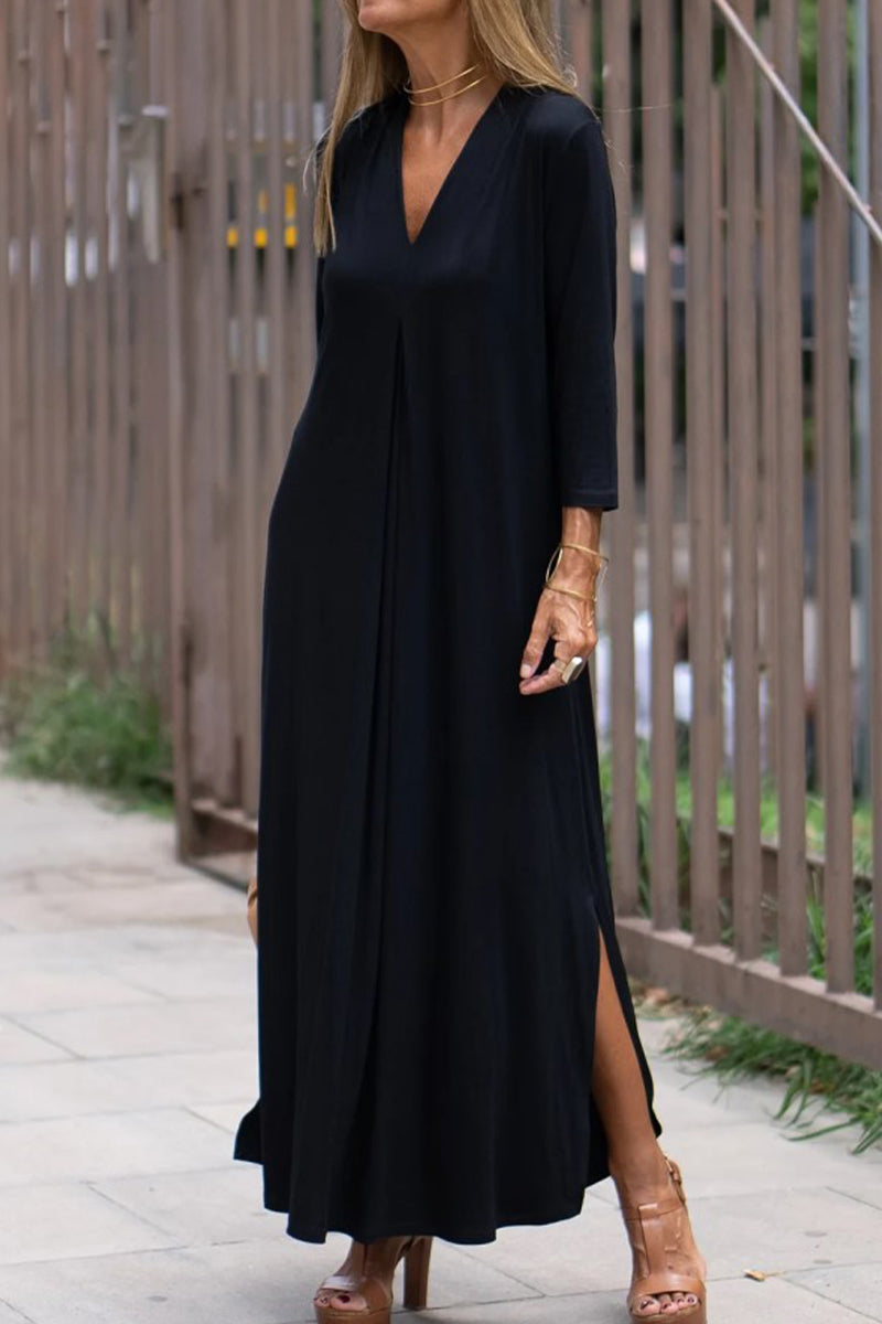 Casual Solid Slit V Neck A Line Dresses