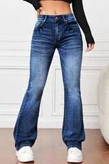 Casual Solid Pocket High Waist Denim Jeans