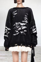 Casual Color Block Ripped Contrast O Neck Tops