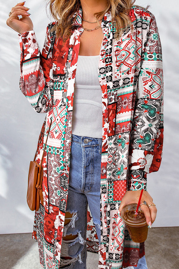 Bohemian College Geometric Printing Contrast Turndown Collar Tops