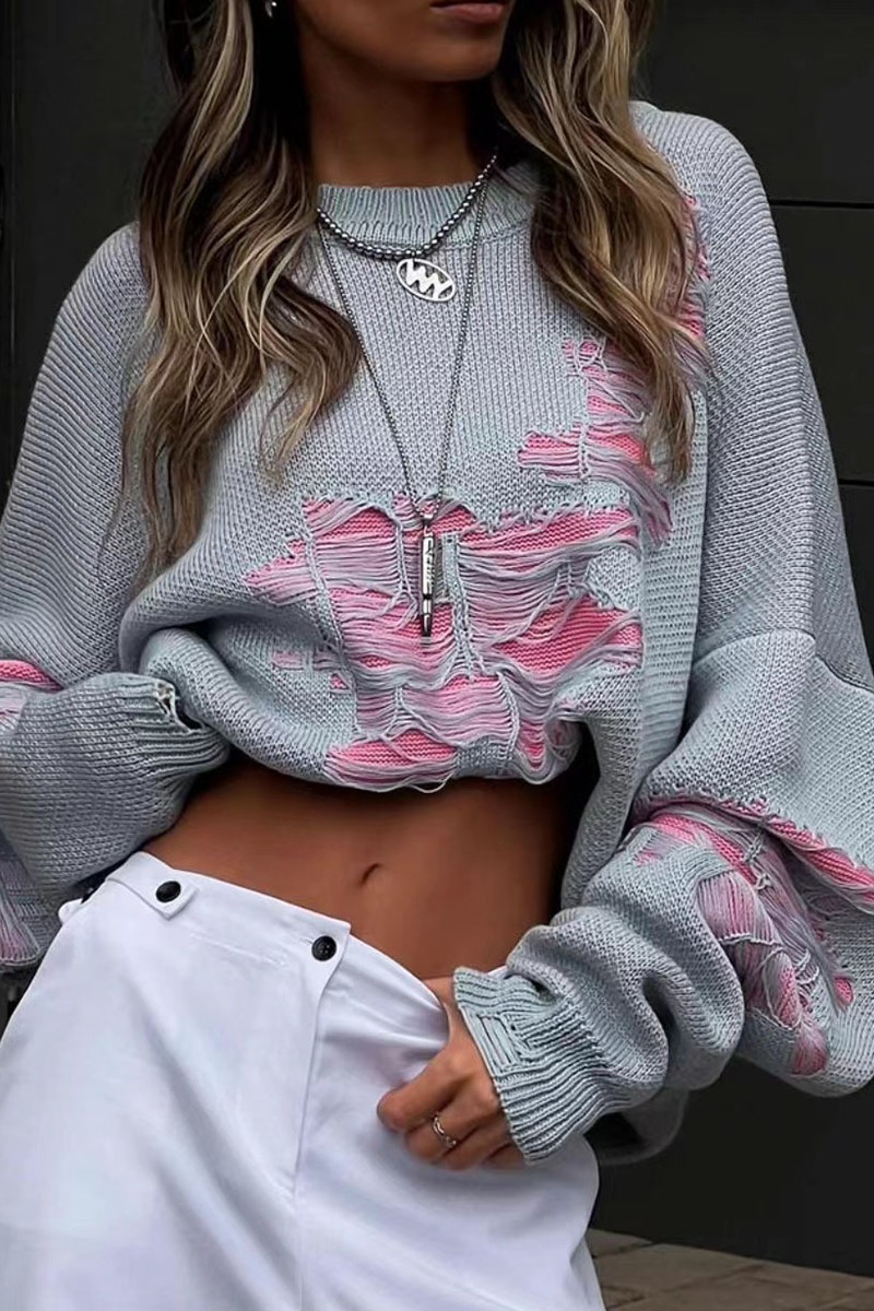 Casual Color Block Ripped Contrast O Neck Tops