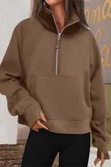 Casual Solid Pocket Zipper Mandarin Collar Tops