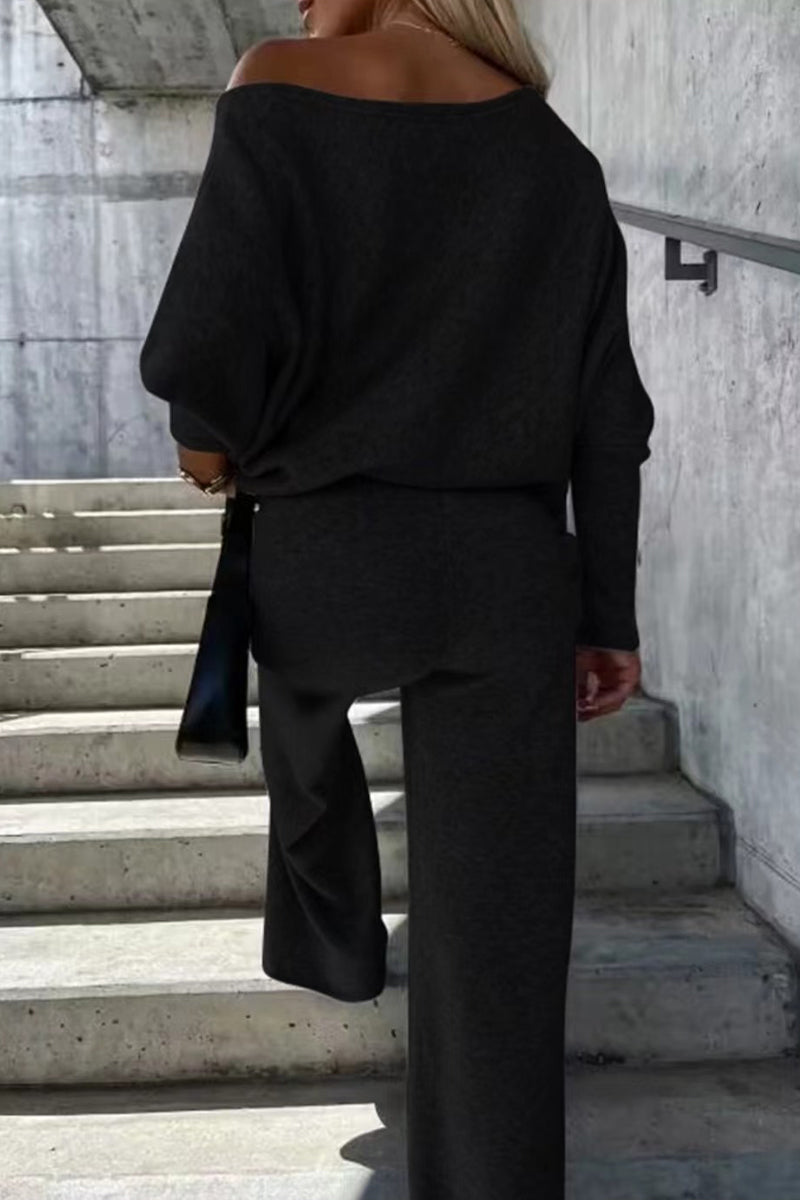 Casual Patchwork Contrast Oblique Collar Long Sleeve Two Pieces