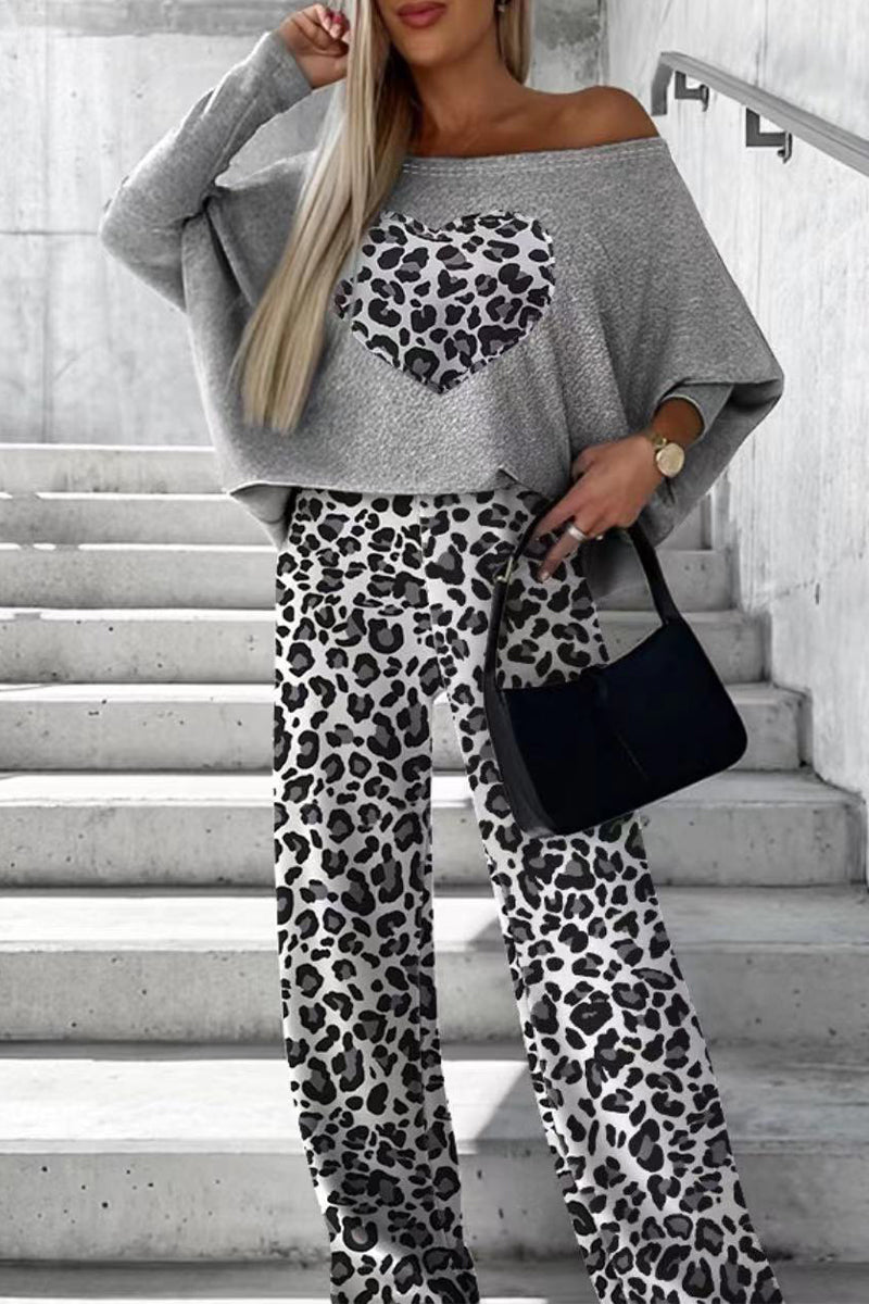 Casual Patchwork Contrast Oblique Collar Long Sleeve Two Pieces