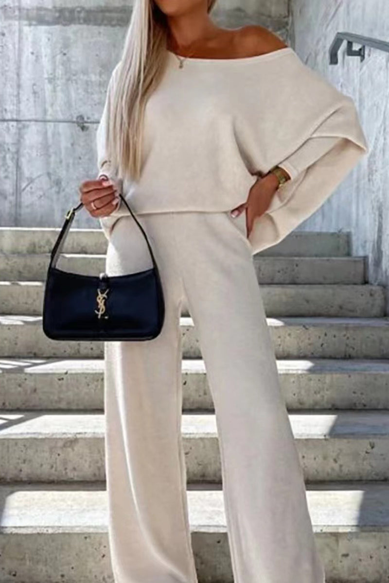 Casual Patchwork Contrast Oblique Collar Long Sleeve Two Pieces