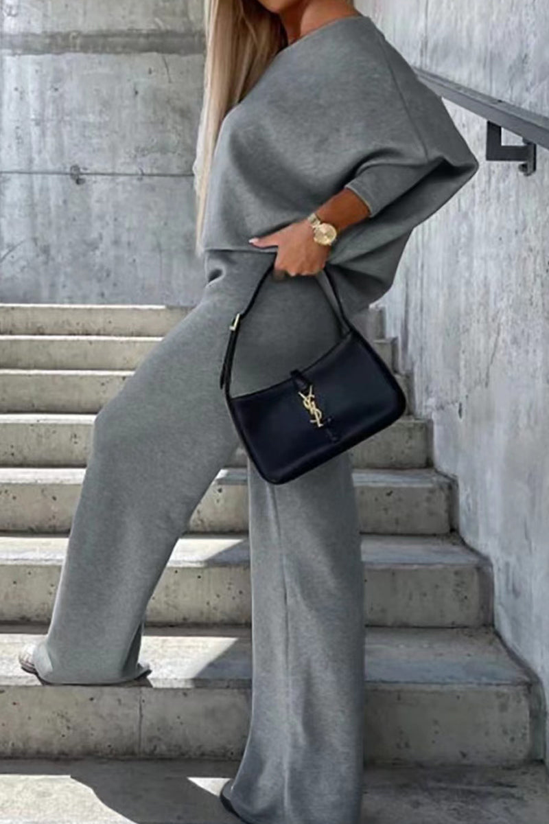 Casual Patchwork Contrast Oblique Collar Long Sleeve Two Pieces