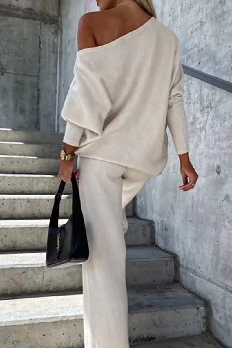 Casual Patchwork Contrast Oblique Collar Long Sleeve Two Pieces