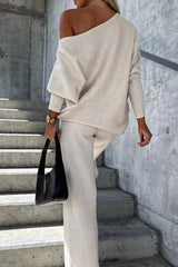 Casual Patchwork Contrast Oblique Collar Long Sleeve Two Pieces