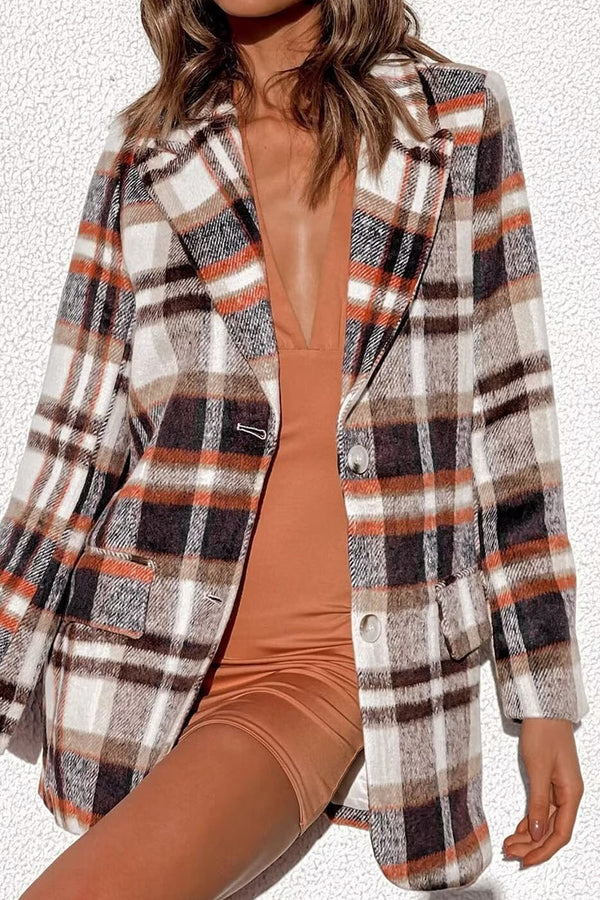 Casual Plaid Pocket Turn-back Collar Outerwear