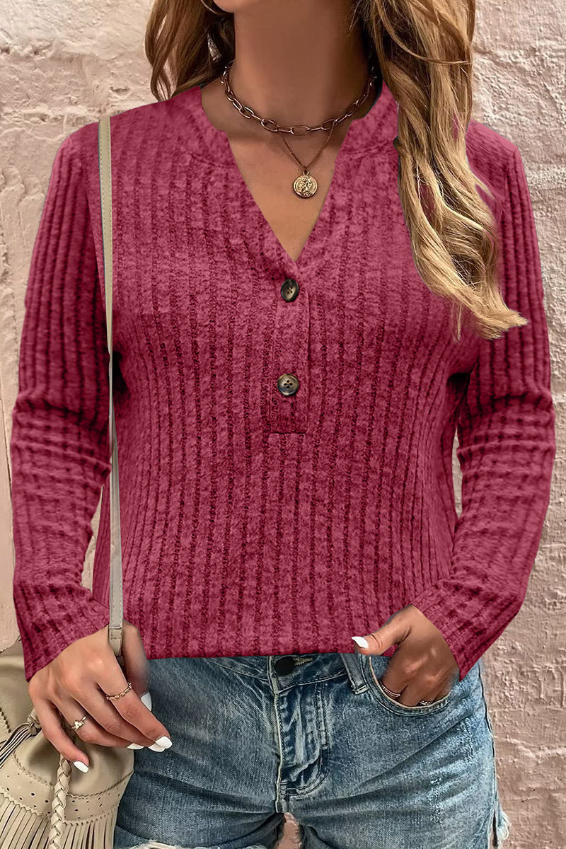 Casual Solid Buttons V Neck Tops