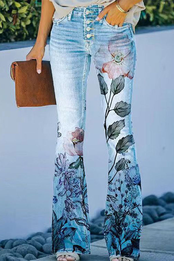 Casual Floral Pocket Regular Denim Jeans