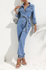 Casual Street Solid Bandage Pocket Turndown Collar Long Sleeve Regular Denim Jumpsuits