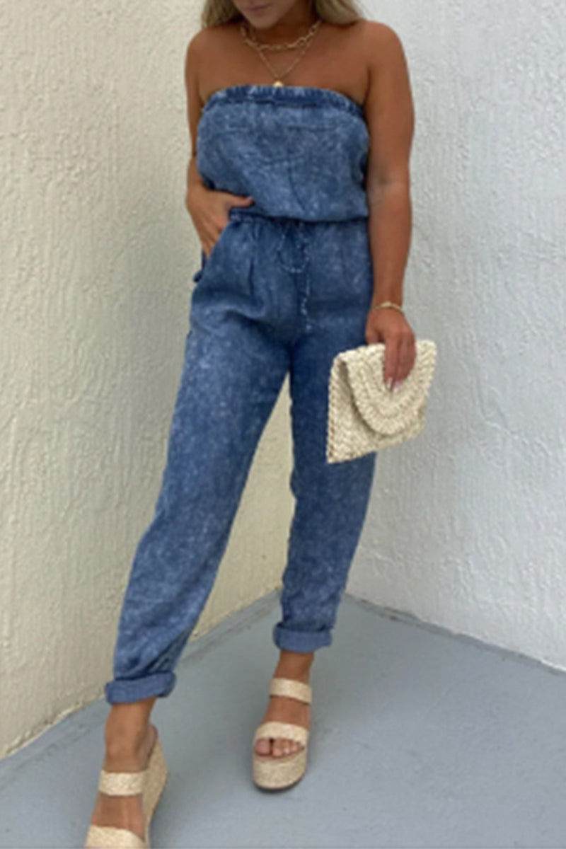 Casual Solid Make Old Pocket Strapless Regular Jumpsuits