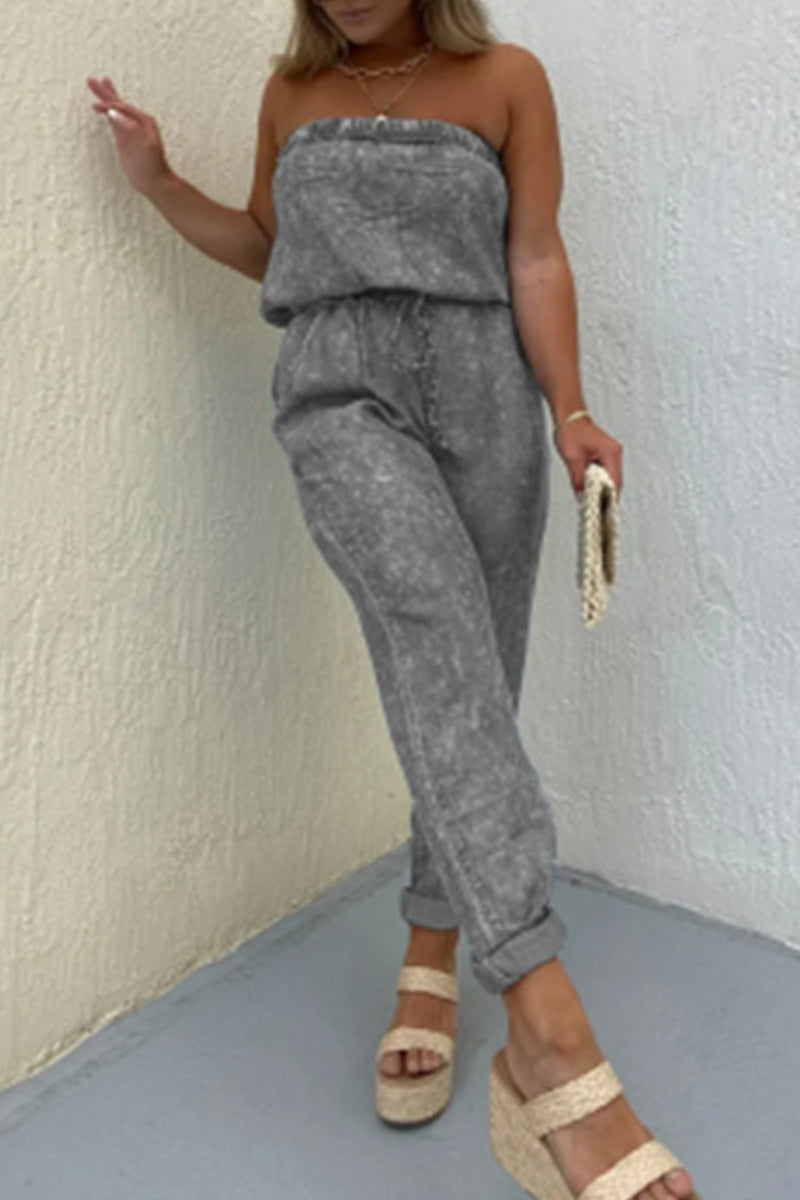 Casual Solid Make Old Pocket Strapless Regular Jumpsuits