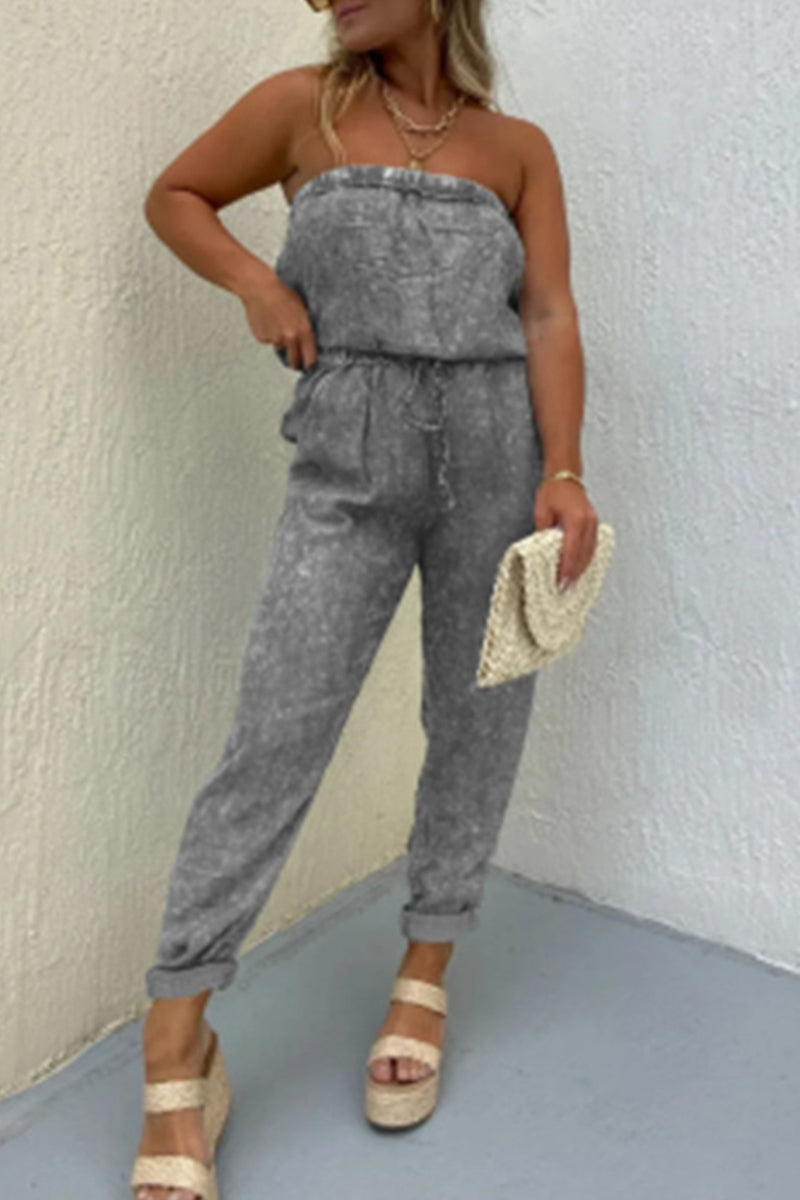 Casual Solid Make Old Pocket Strapless Regular Jumpsuits