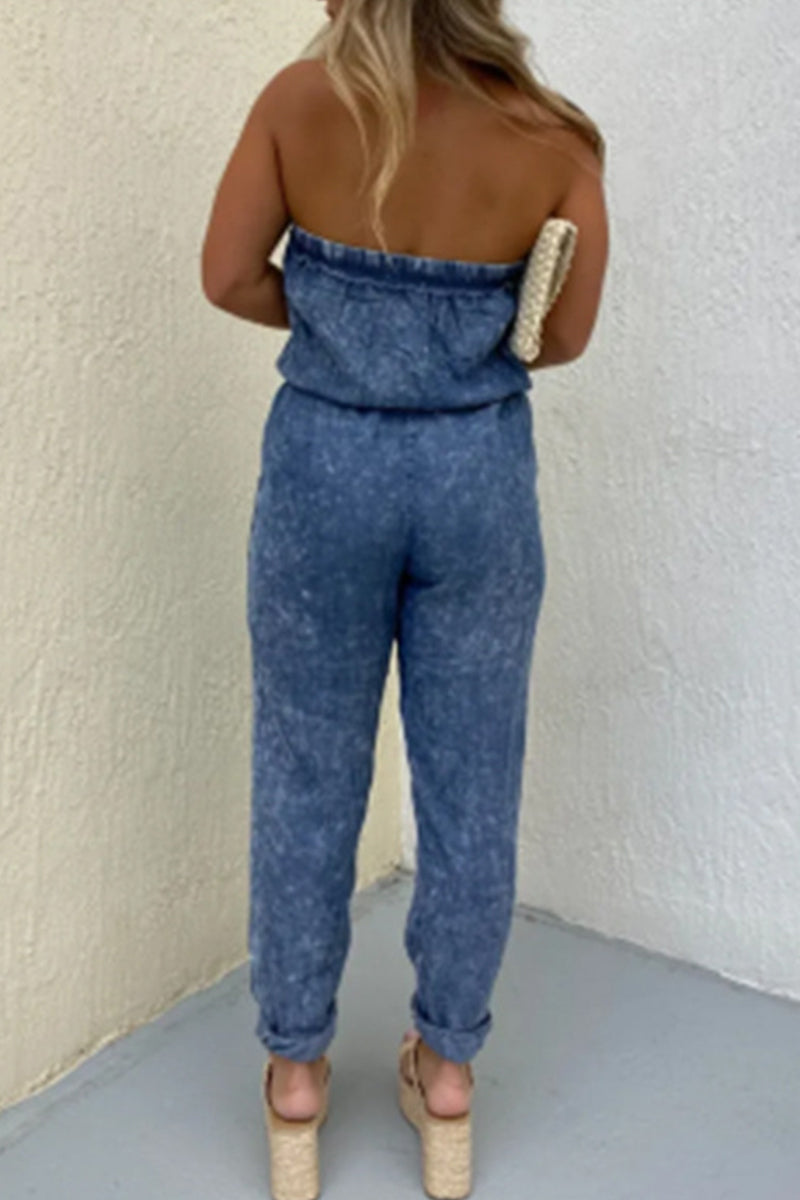 Casual Solid Make Old Pocket Strapless Regular Jumpsuits