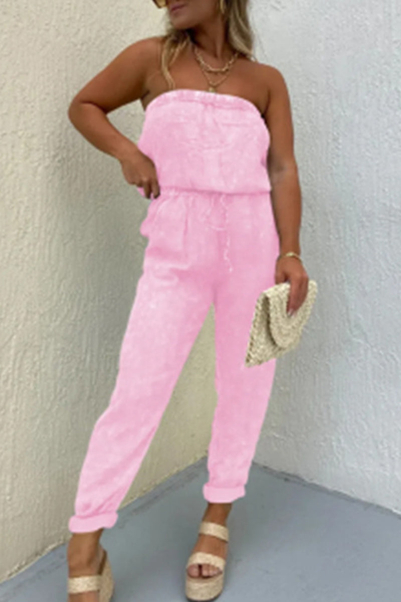 Casual Solid Make Old Pocket Strapless Regular Jumpsuits