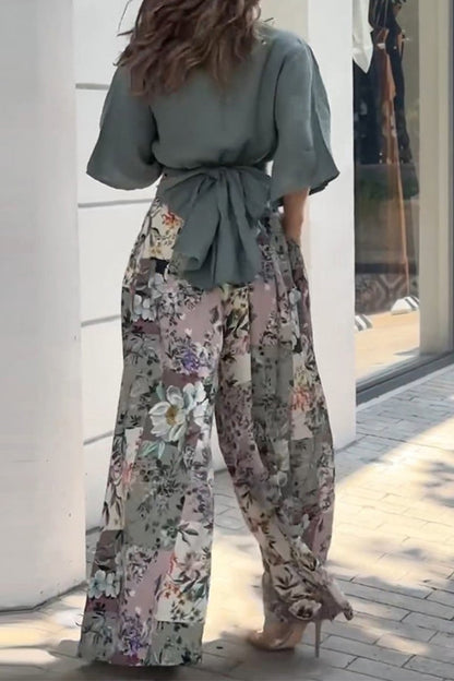 Casual Print Fold V Neck Half Sleeve Two Pieces