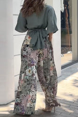 Casual Print Fold V Neck Half Sleeve Two Pieces