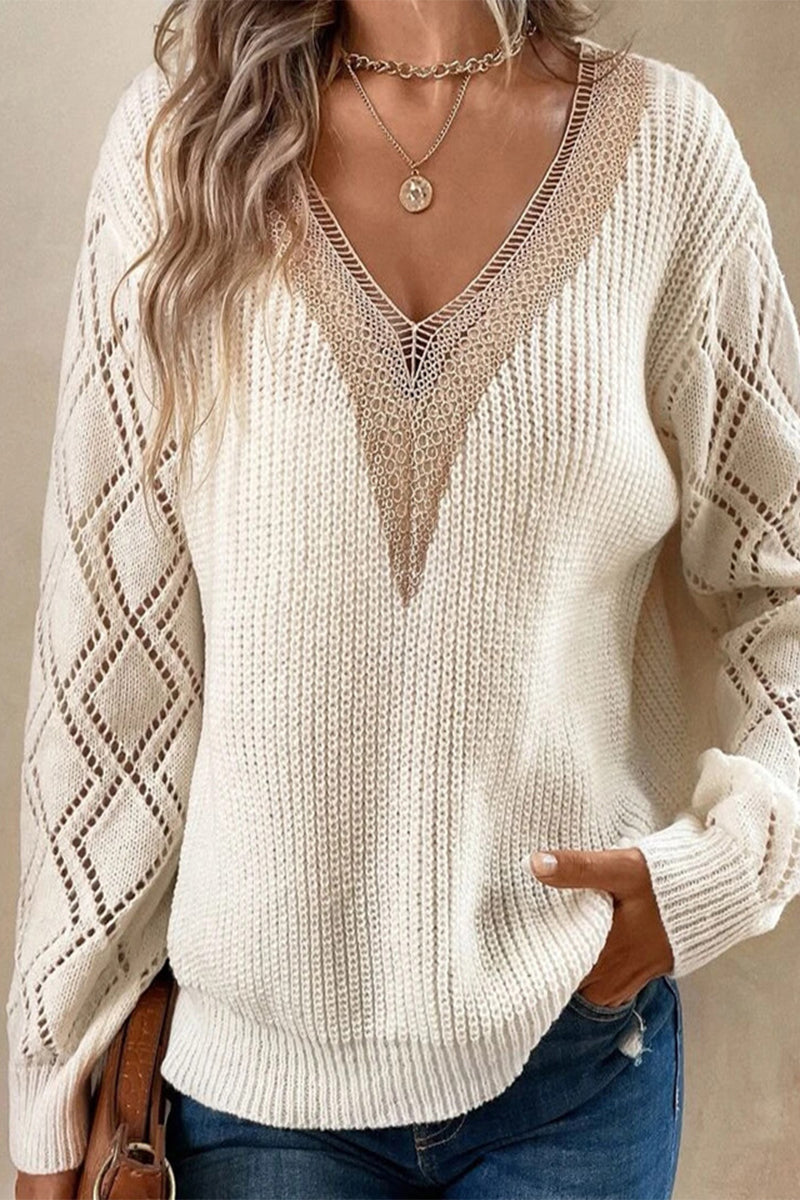 Casual Simplicity Solid Lace V Neck Tops