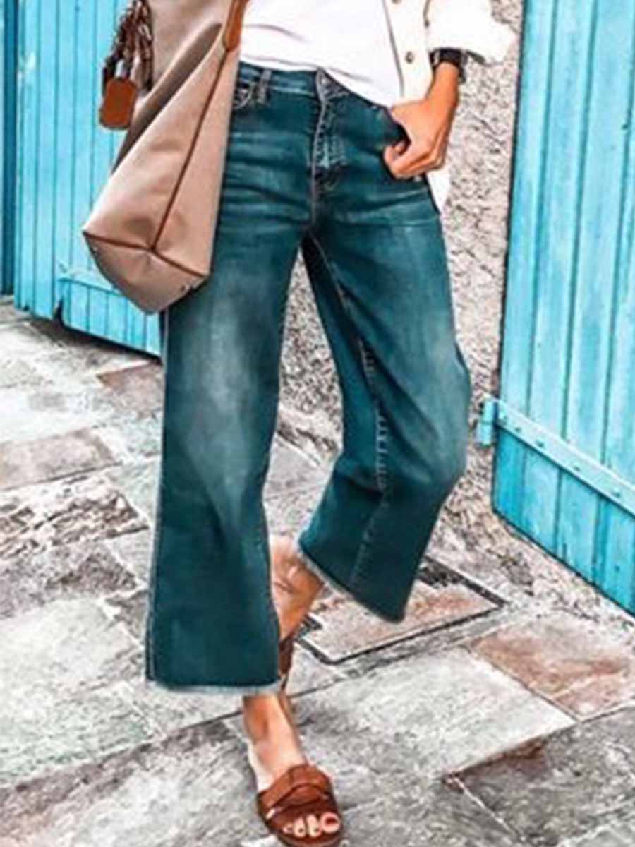 Amsoin Washed Raw Hem Mid Waist Wide Leg Jeans