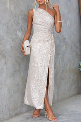 Celebrities Formal Solid Sequins Draw String Slit Oblique Collar Evening Dress Dresses
