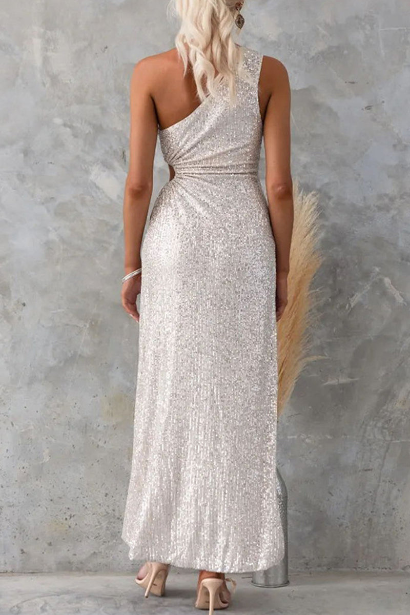 Celebrities Formal Solid Sequins Draw String Slit Oblique Collar Evening Dress Dresses