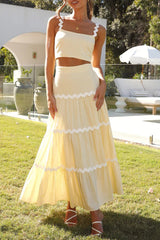 Sweet Elegant Ripple Contrast Square Collar Sleeveless Two Pieces