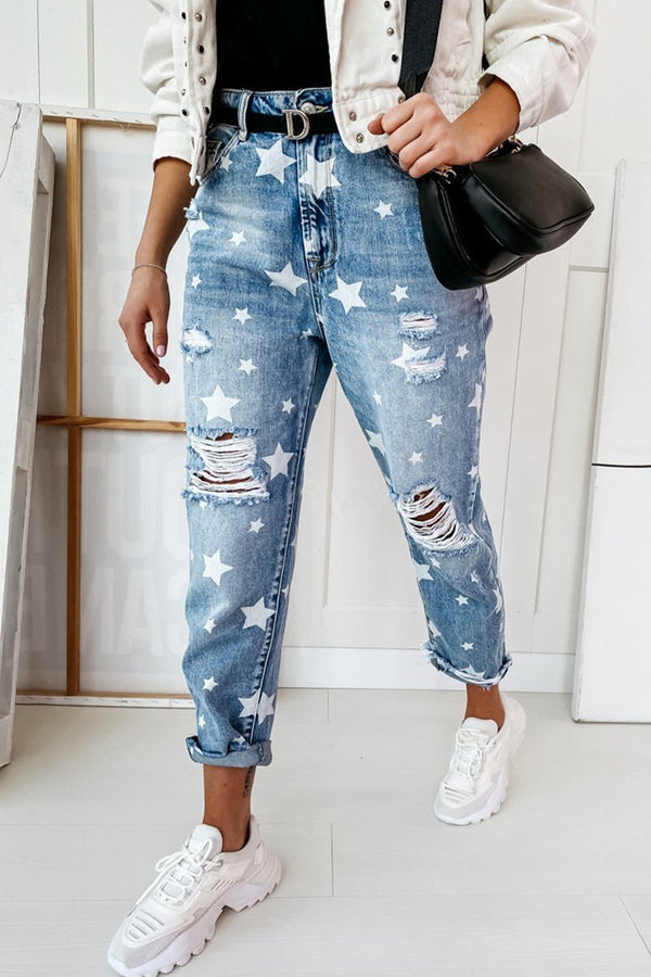 Casual The stars Ripped Without Belt High Waist Loose Denim Jeans