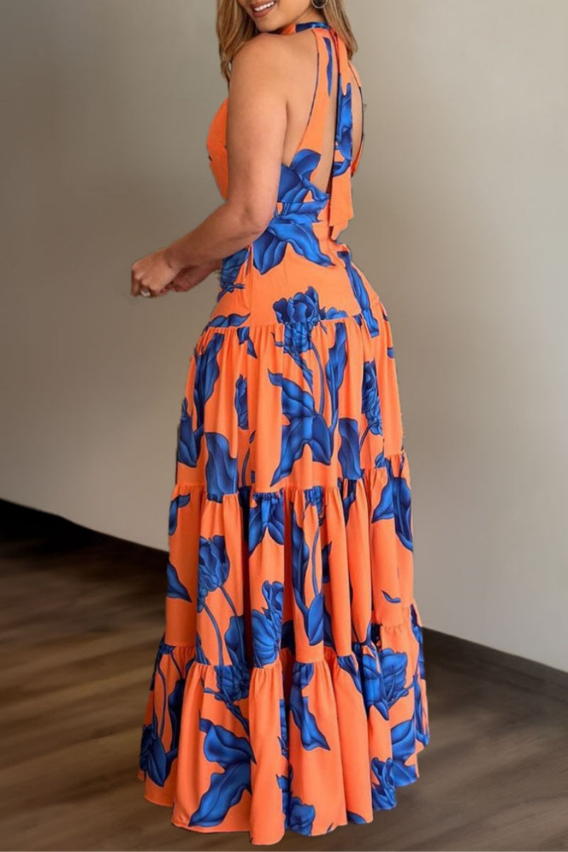 Casual Print Backless Halter Long Dress