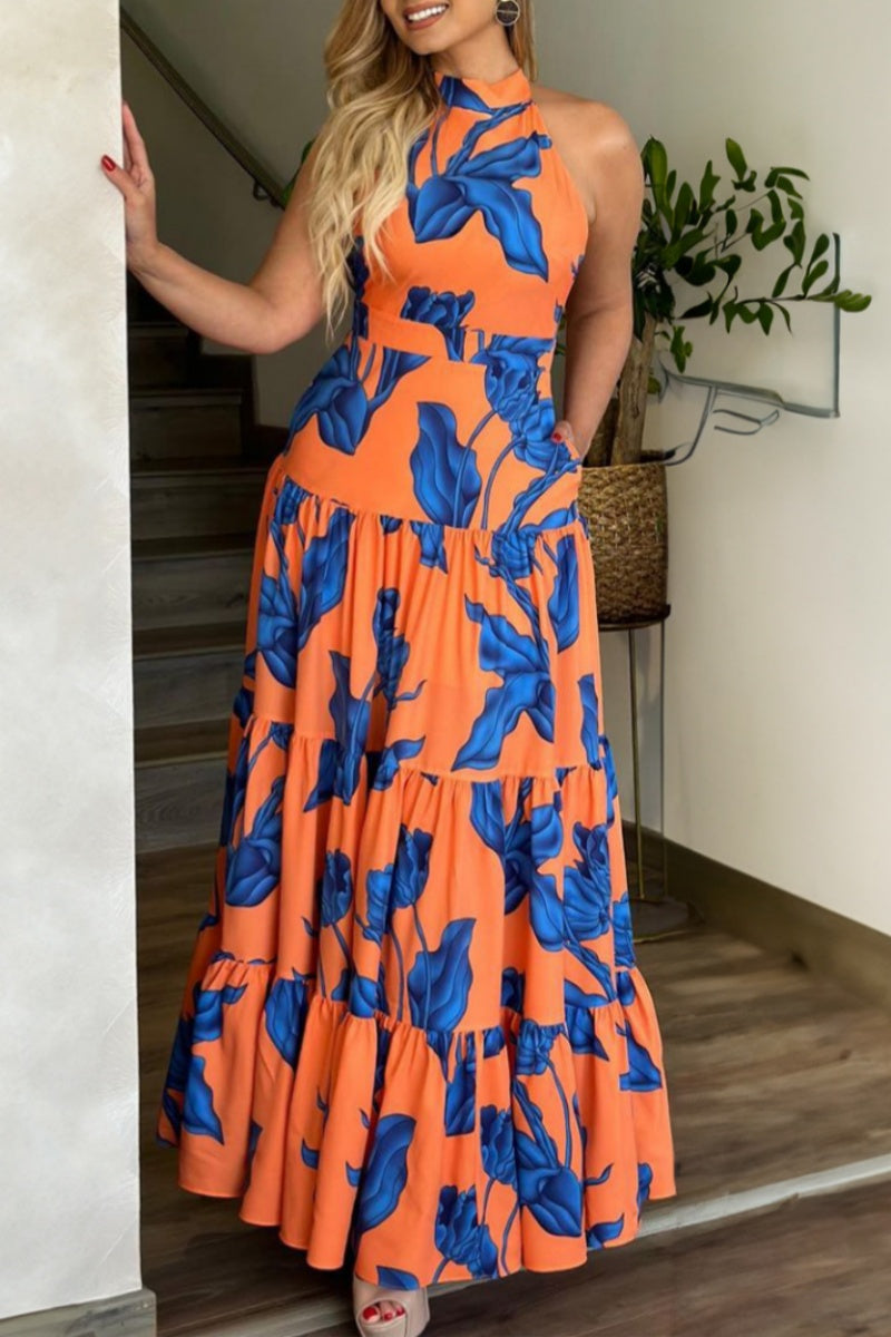 Casual Print Backless Halter Long Dress