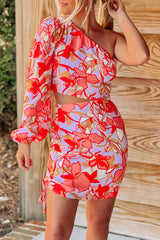 Sweet Elegant Draw String Asymmetrical Oblique Collar Printed Dress