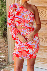 Sweet Elegant Draw String Asymmetrical Oblique Collar Printed Dress