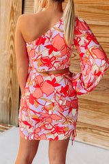 Sweet Elegant Draw String Asymmetrical Oblique Collar Printed Dress