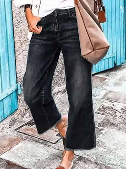 Amsoin Washed Raw Hem Mid Waist Wide Leg Jeans