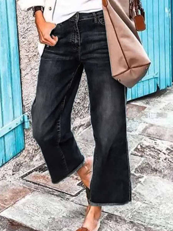 Amsoin Washed Raw Hem Mid Waist Wide Leg Jeans