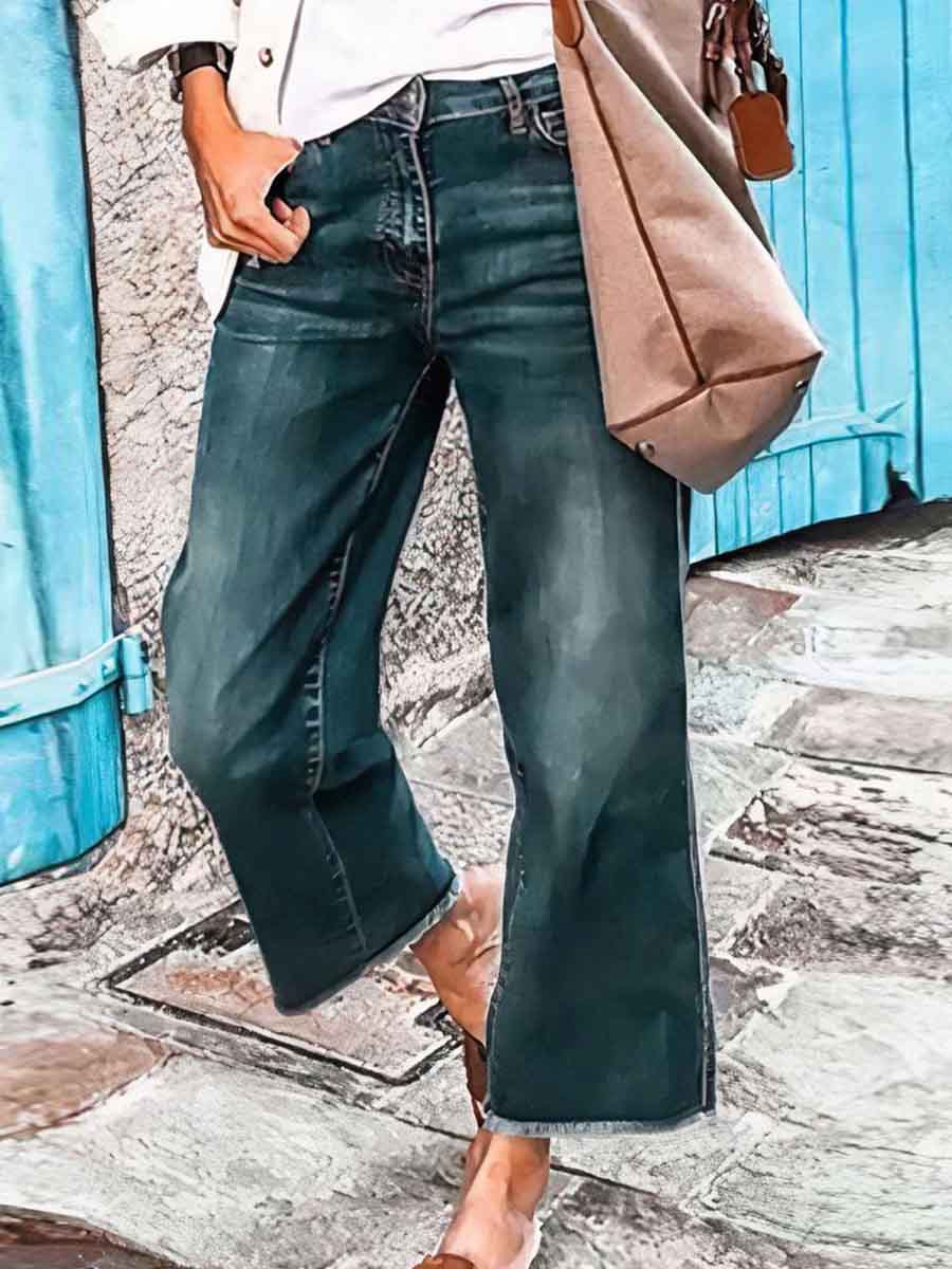 Amsoin Washed Raw Hem Mid Waist Wide Leg Jeans