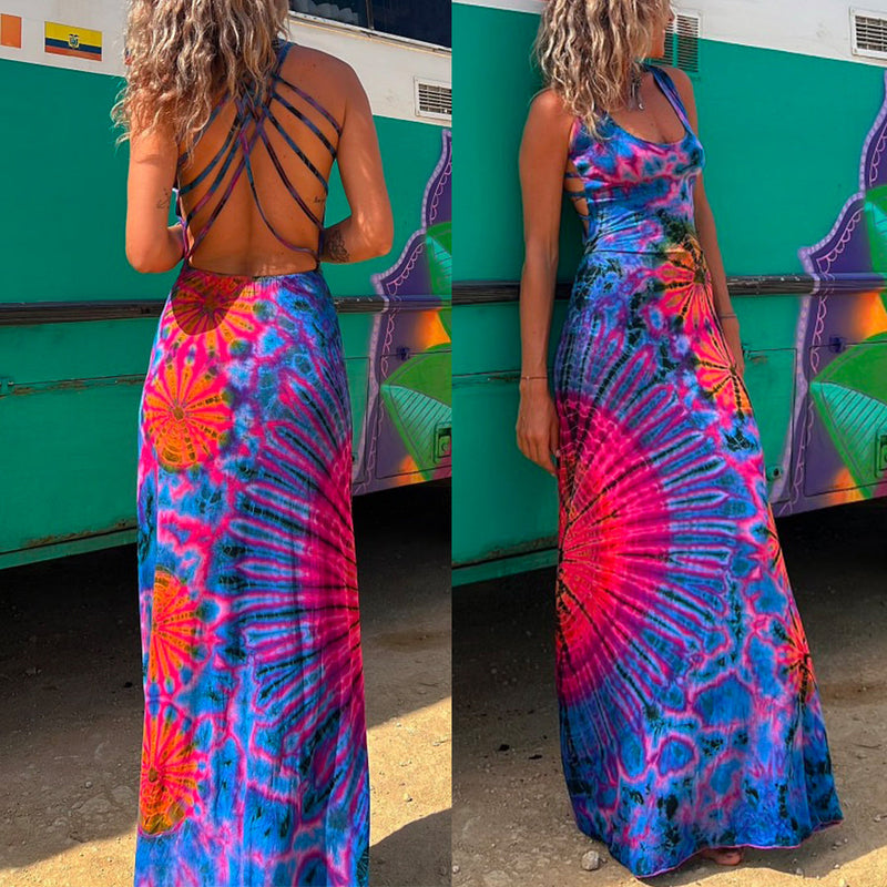 Amsoin Criss Cross Backless Tie Dye Maxi Cami Dress