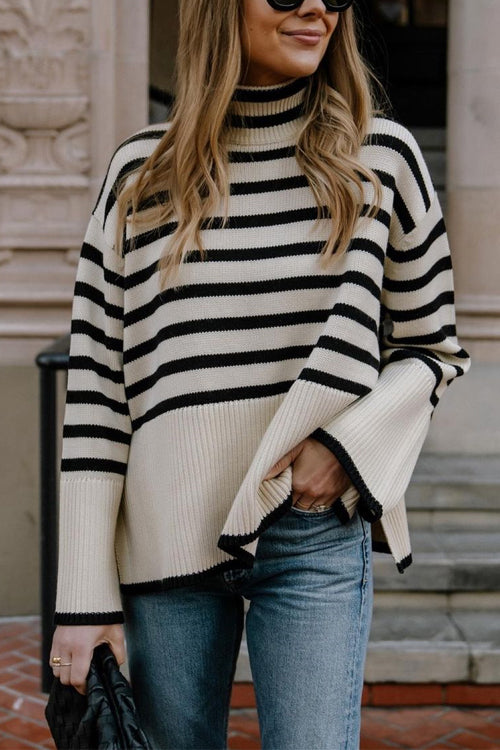 Striped Tuetleneck Side Split Pullover Sweater
