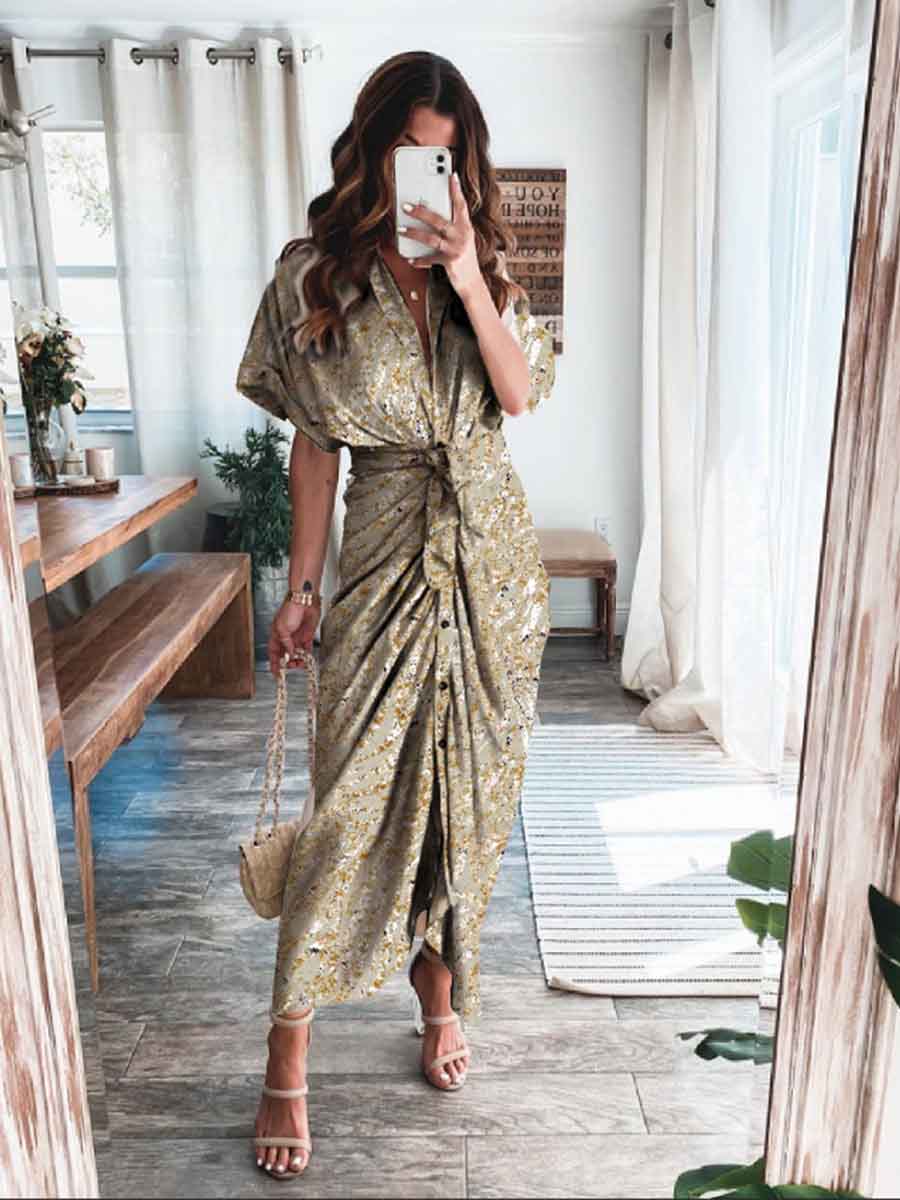 Amsoin Print High Waist Belt Dress