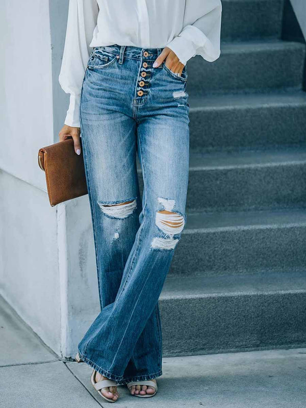 Amsoin Ripped Buckle High Waist Straight Denim Jeans