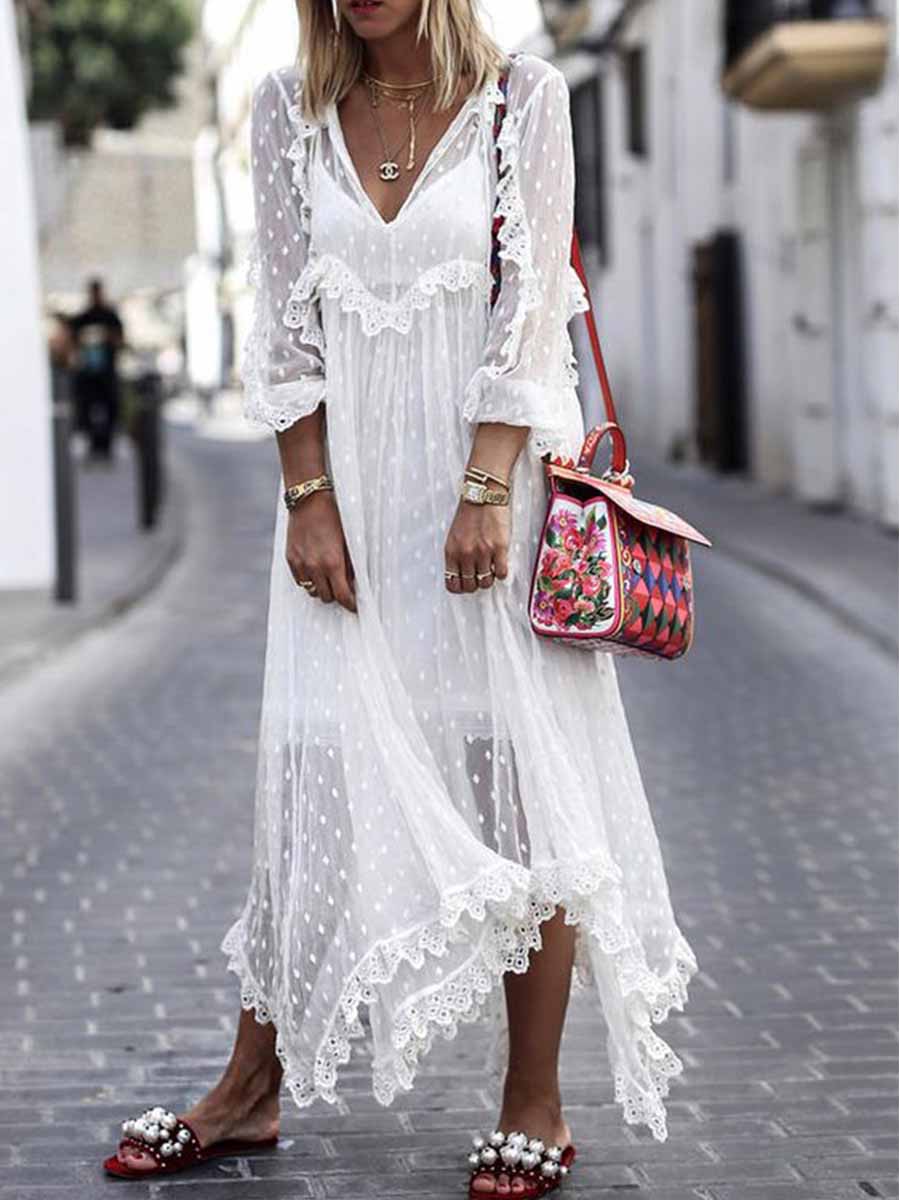 Amsoin V Neck Lace Dress
