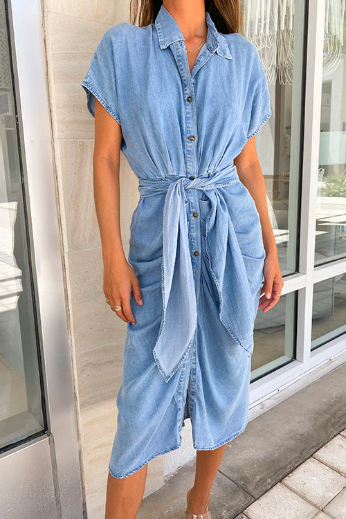 Amsoin Button Down Short Sleeve Tie Waist Ruched Denim Dress