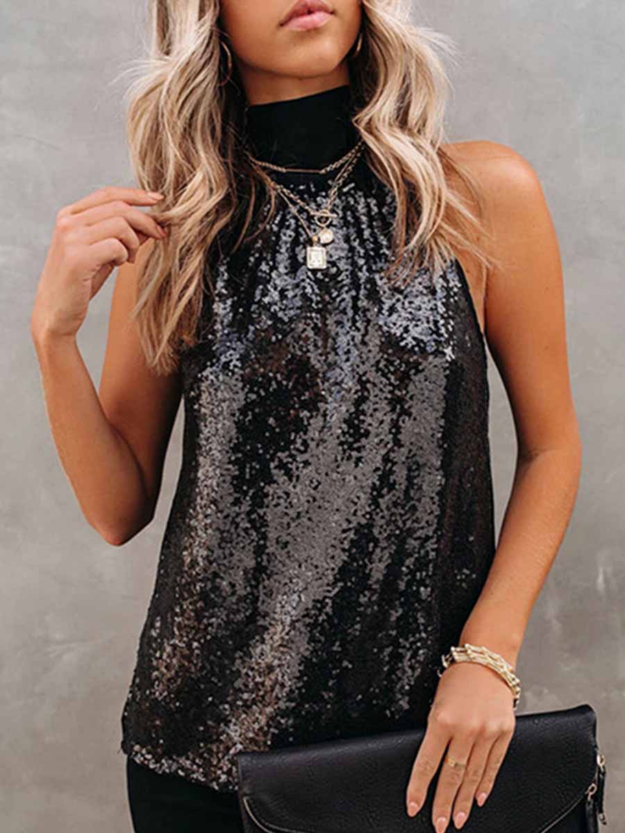Amsoin Solid Sequins Strap Design Tops
