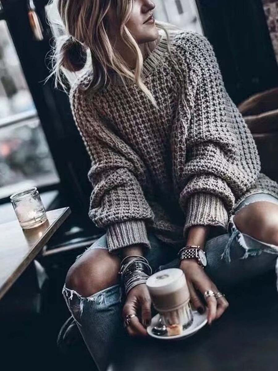 Amsoin Loose Solid Color Knitted Sweater