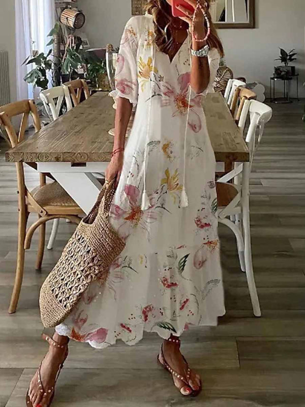 Amsoin Boho V Neck Floral Maxi Dress