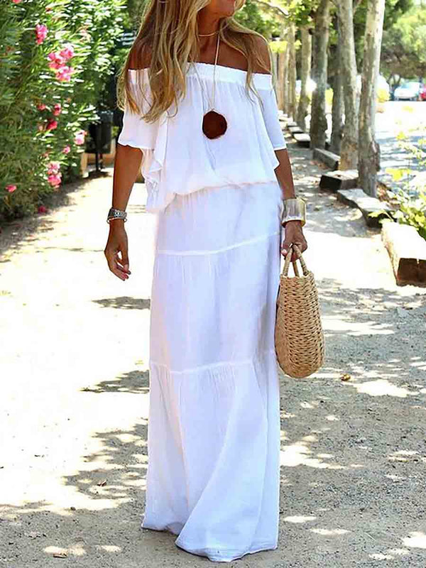 Amsoin Casual Off Shoulder Solid Beach Maxi Dress