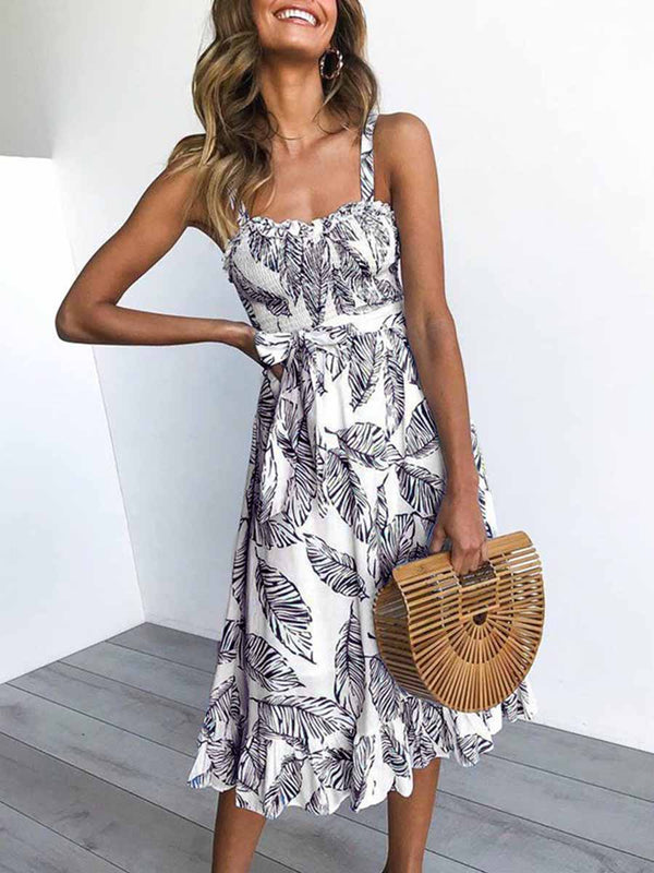 Amsoin Printed Leaf Ruffled Belt Dress