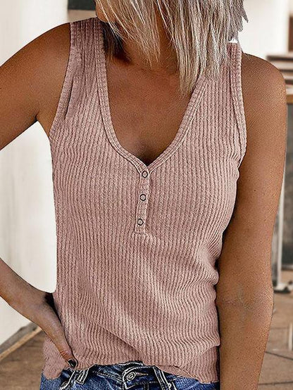Amsoin Buttons Vest Solid Color V-neck Tops