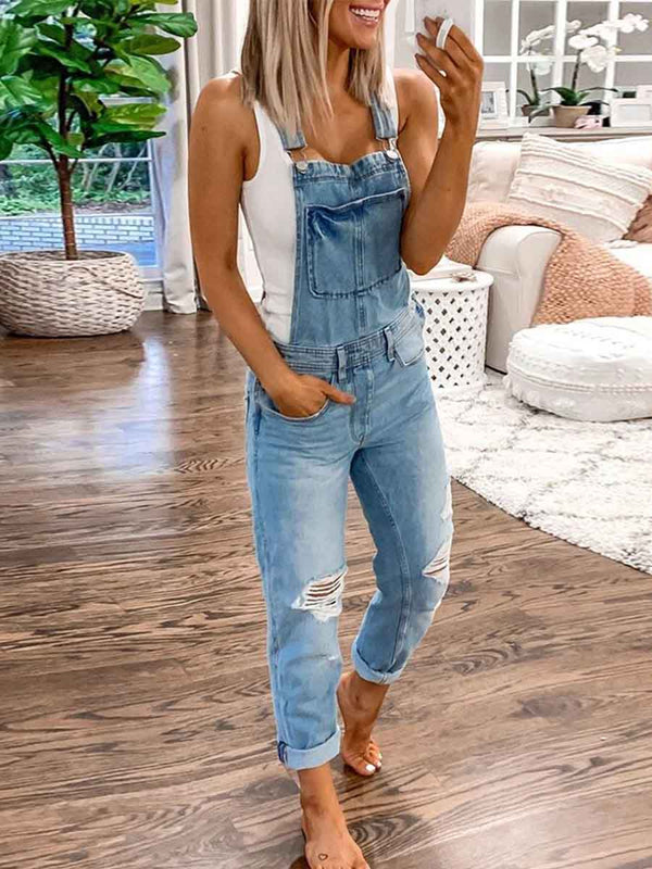 Amsoin Casual Denim Ripped Jumpsuit